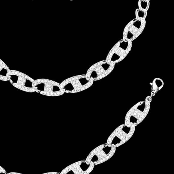 Silver 3 Piece Rhinestone Link Style Casual Necklace Jewelry Set Statement Chain - Picture 3 of 3
